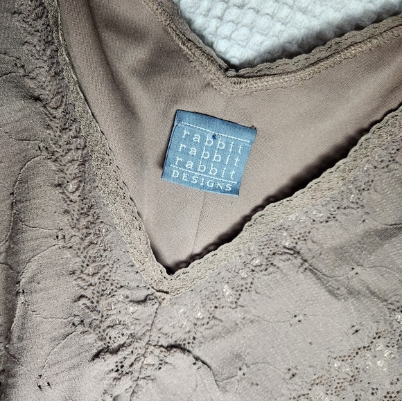 Rabbit Rabbit Rabbit Taupe Lace-Overlay V-Neck Mini Dress - Picture 3 of 12